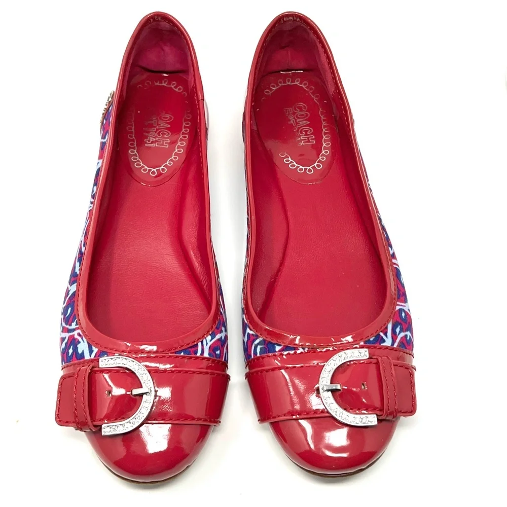 Coach Women's Remmi pink and blue patterned buckle ballet flats size 9.5 B - Picture 2 of 11